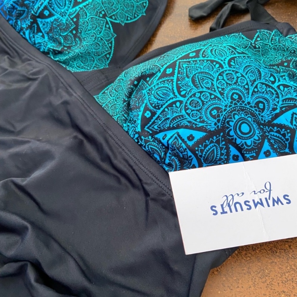 Black and Teal Women's Swim Top - Picture 4 of 5